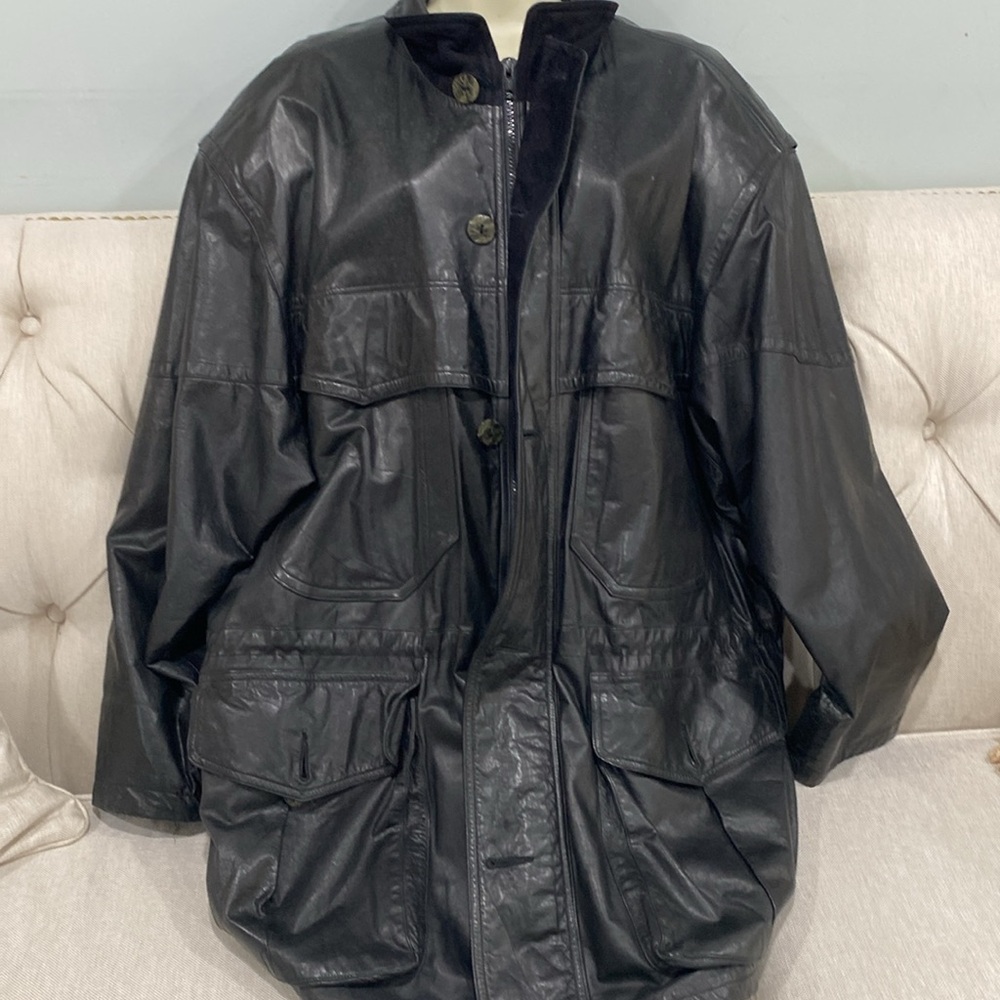 John Michael soft leather men 🧥 zippered buttons long 90’s jacket size Large